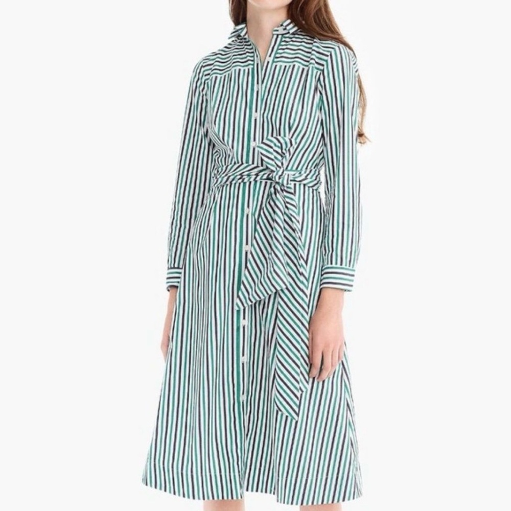 J. Crew Blue Green & White Striped Tie-Waist Shirt Dress